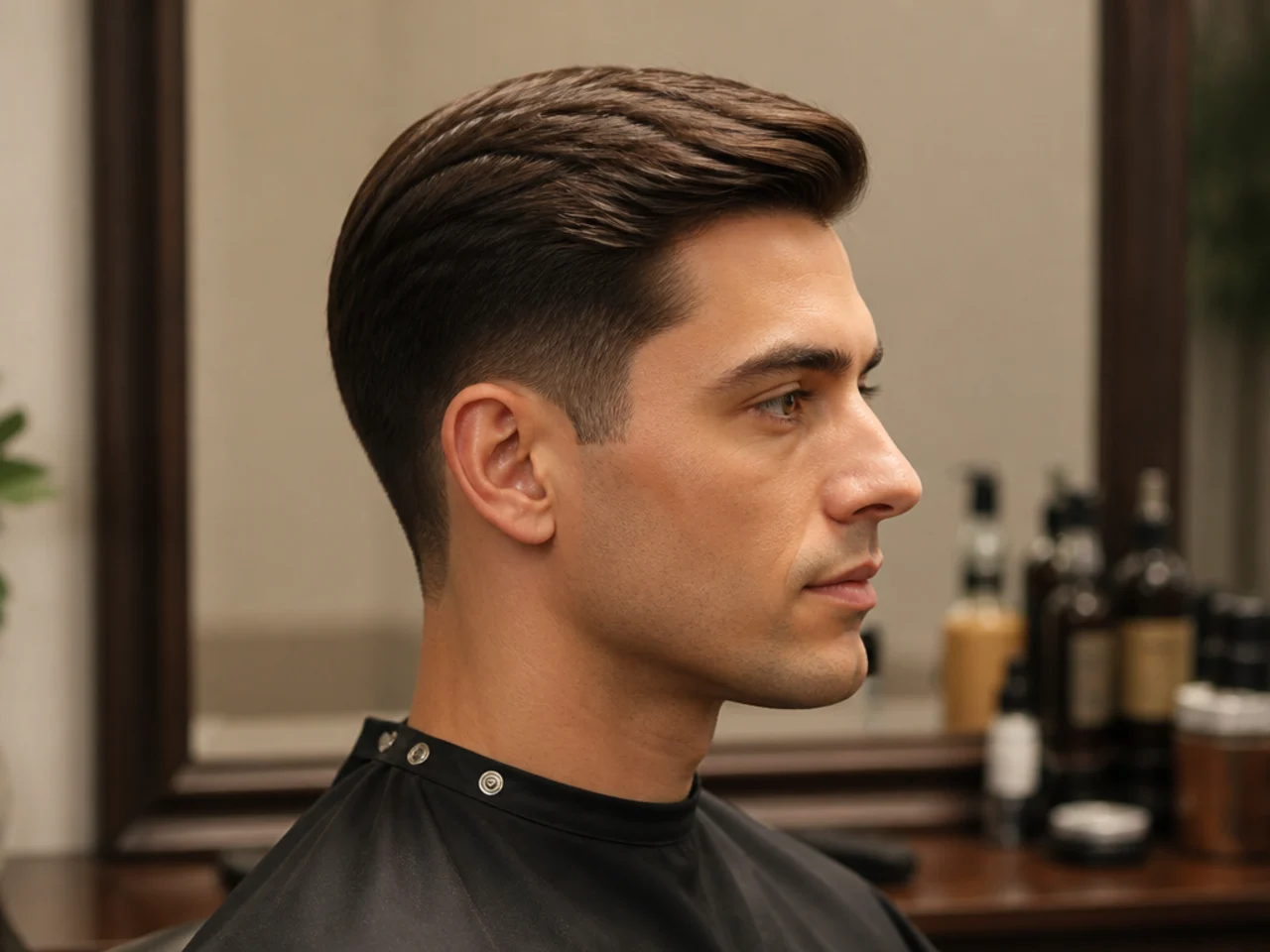 Ivy league old money haircut with two-inch top, natural side part, scissor-tapered sides, matte finish