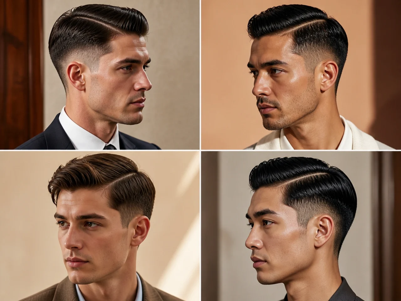 Low-key drop fade with side part old money haircut, subtle drop behind the ear, three-inch top