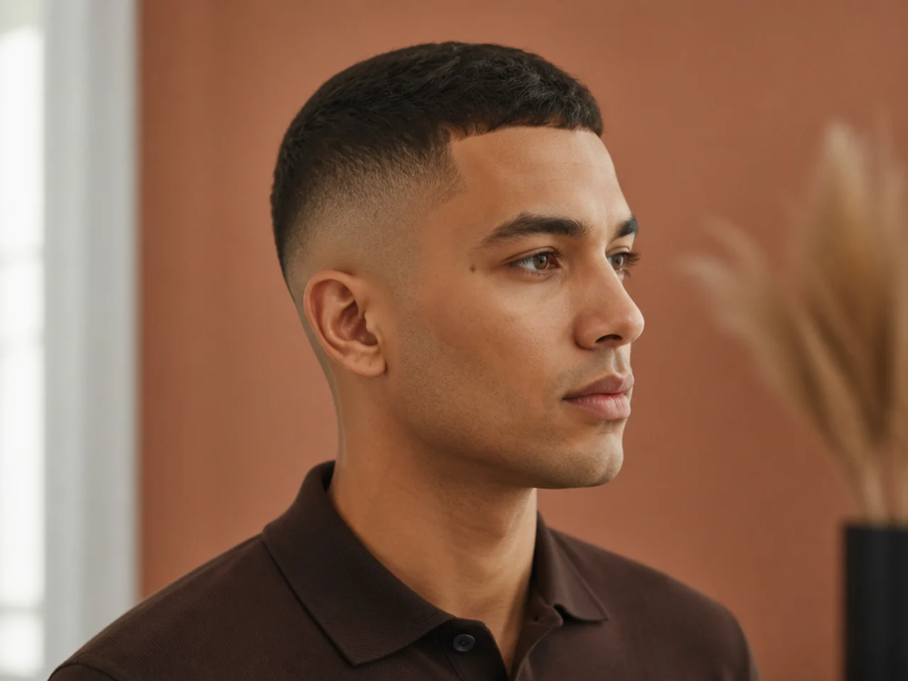 Minimalist skin fade old money haircut with medium top, mid fade to skin, no line-up, matte finish