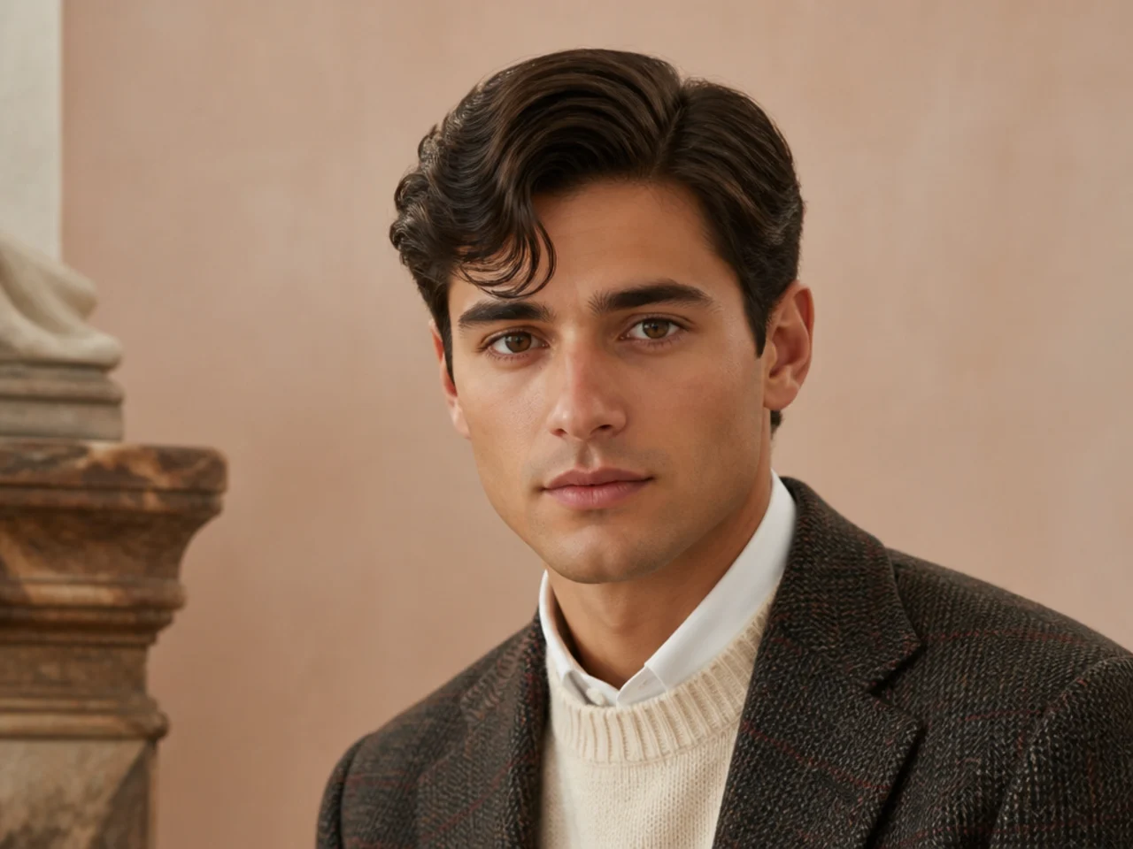Prep-school comma old money haircut with small comma fringe, three-inch top, scissor-blended sides