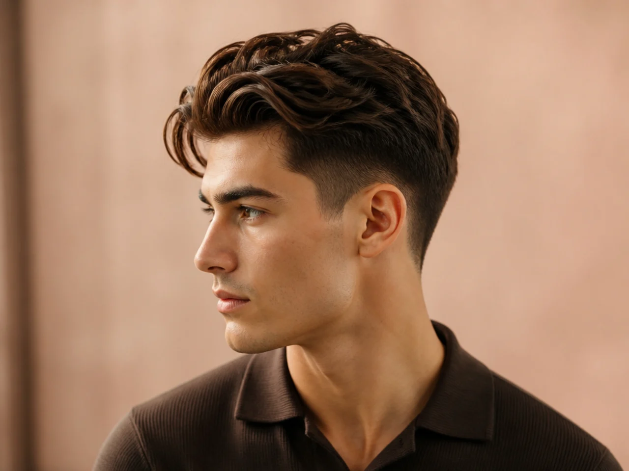 Quiet luxury undercut old money haircut with four-inch top, uniform short sides, no hard line