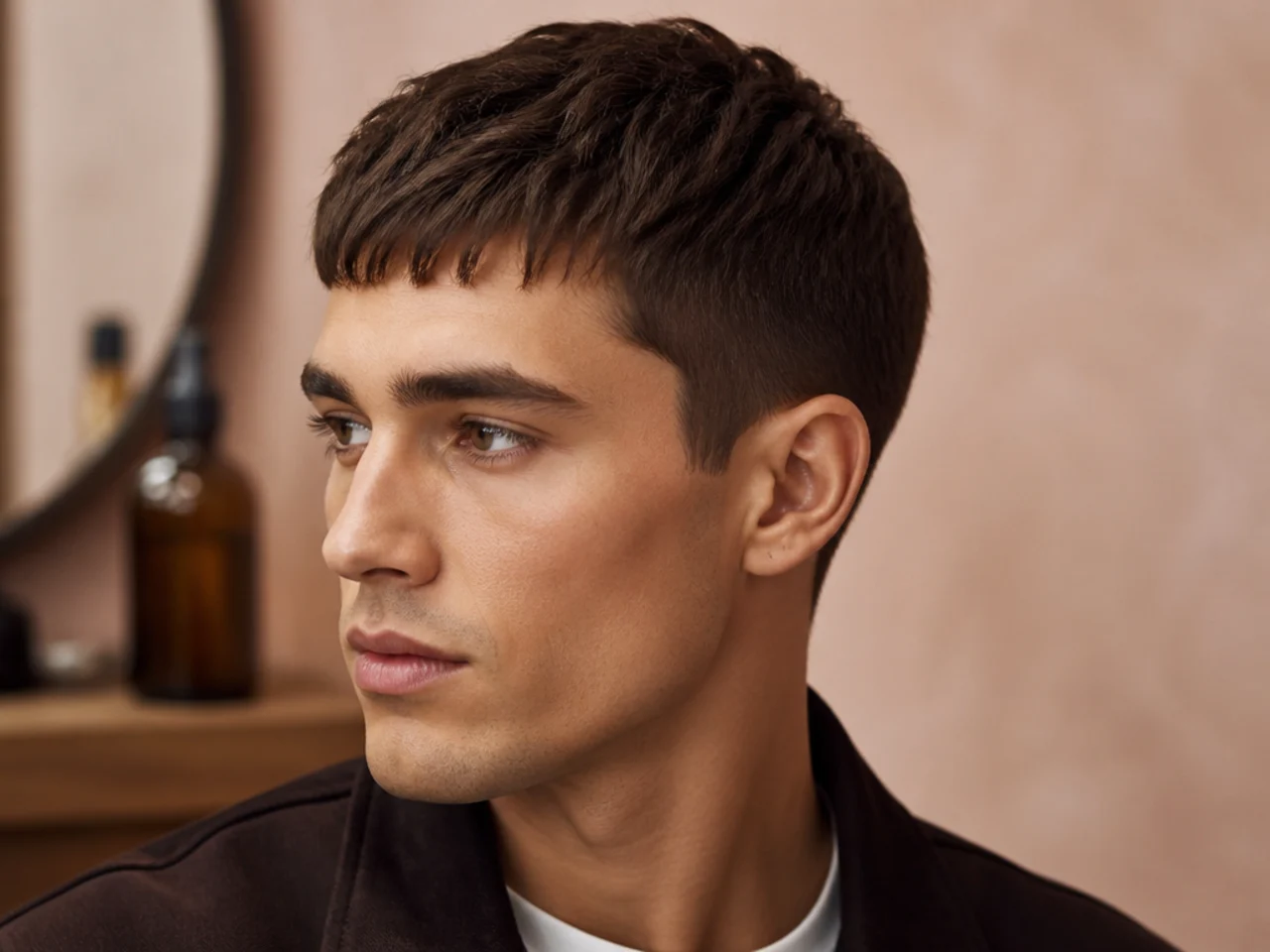 Refined French crop old money haircut with textured short fringe, low fade sides, matte finish