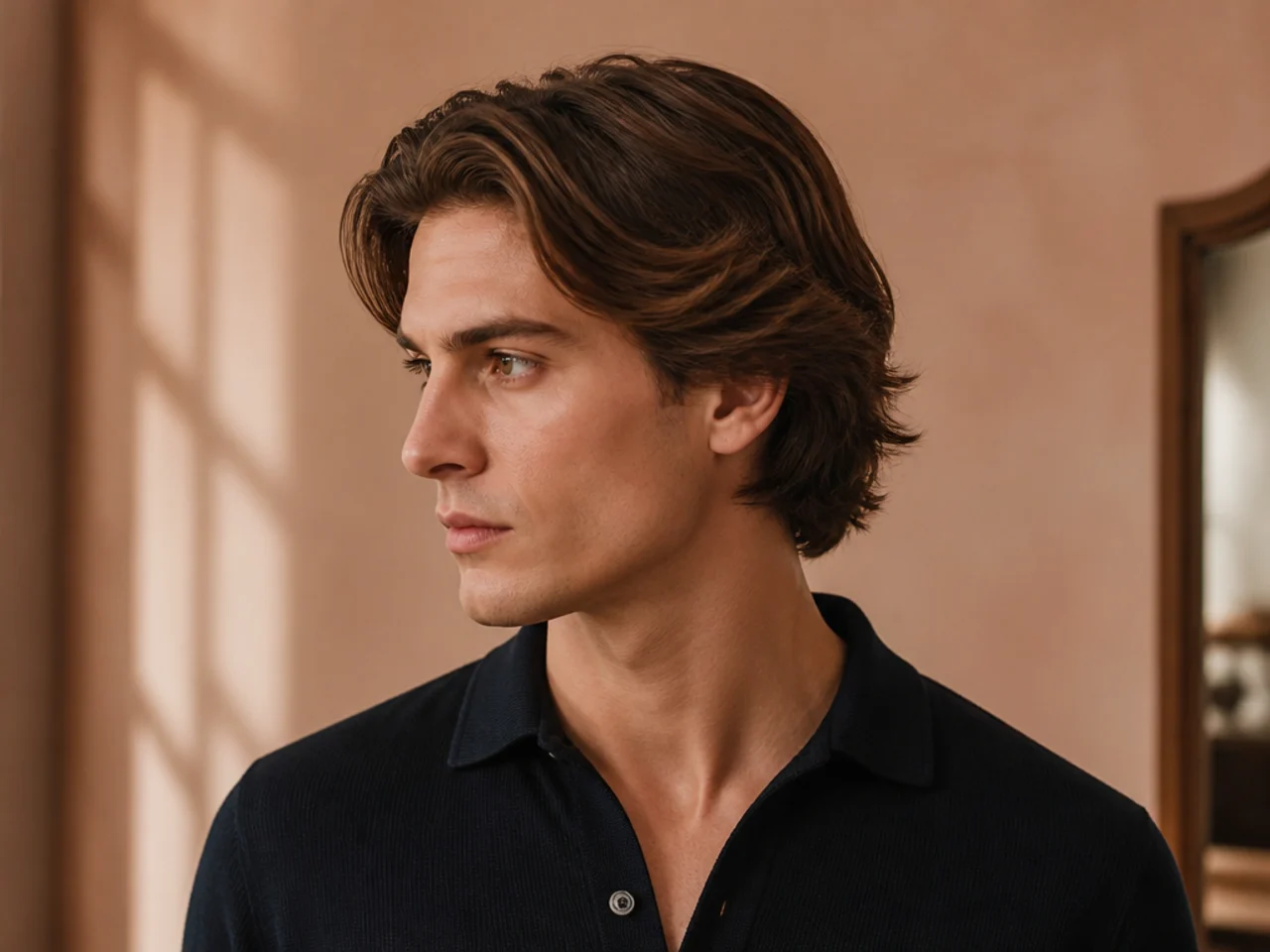 Refined mid-length old money haircut with four-inch top, longer scissor-tapered sides, soft side part