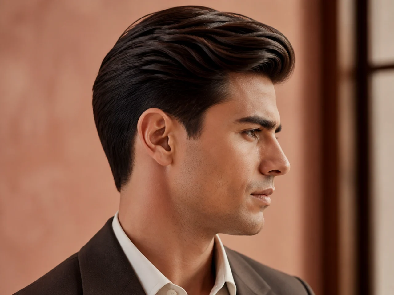 Sculpted comb-over old money haircut with four-inch top, scissor-blended sides, defined side part