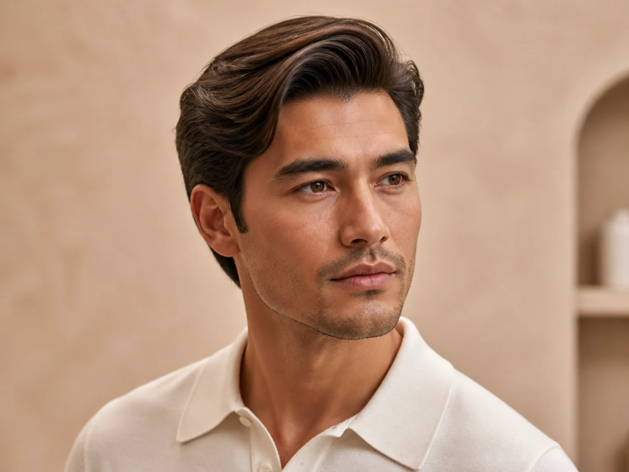 Sculpted side sweep old money haircut with three-inch top swept sideways, low taper fade sides