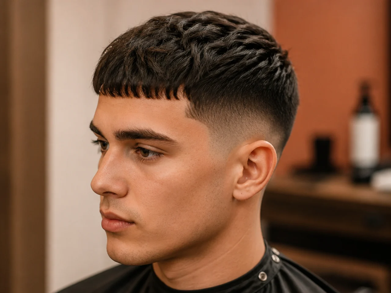 Sharp caesar old money haircut with blunt short fringe, scissor-tapered sides, matte finish