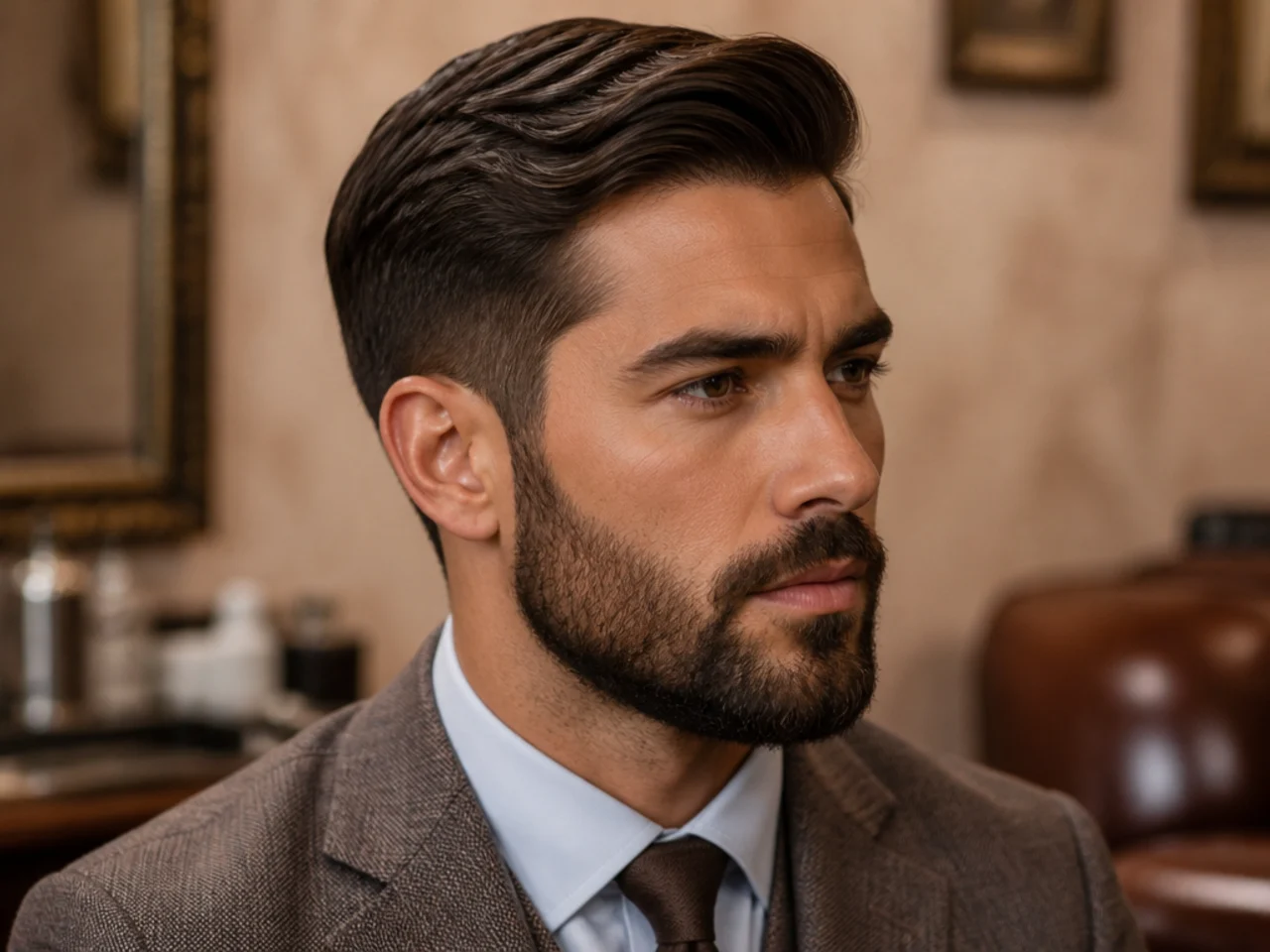 Structured comb-over old money haircut paired with tight trimmed beard, four-inch top, scissor sides