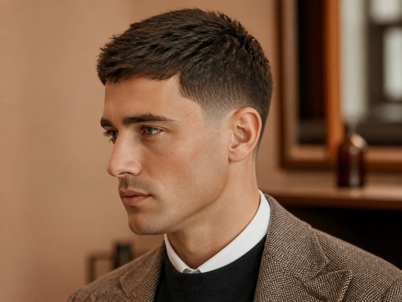 Tailored crop old money haircut with two-inch top, forward fringe, scissor-tapered sides, matte styling