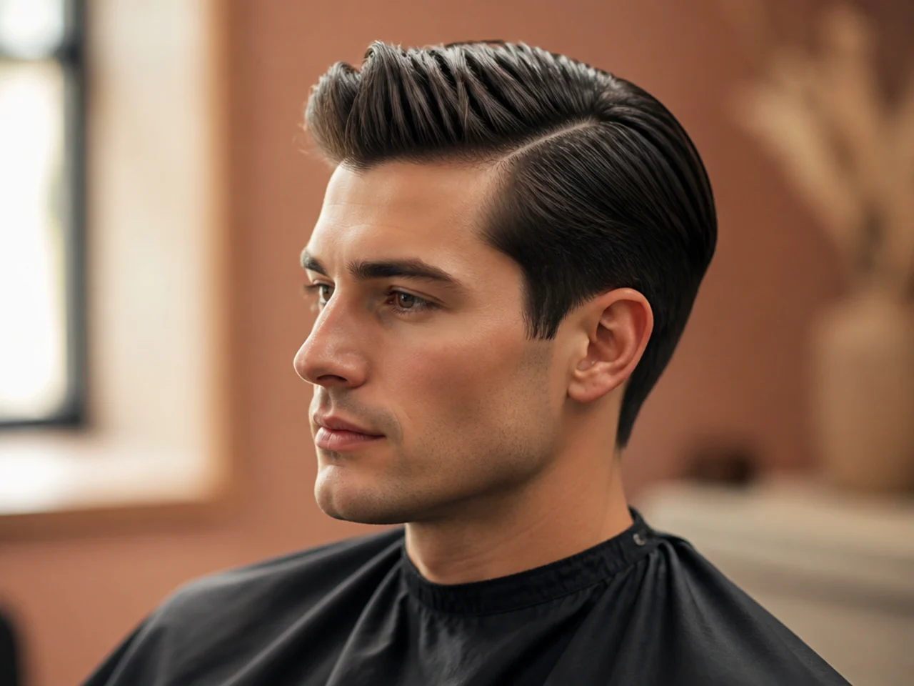 Tailored side part old money haircut with three-inch top, deep natural break, matte finish, scissor sides