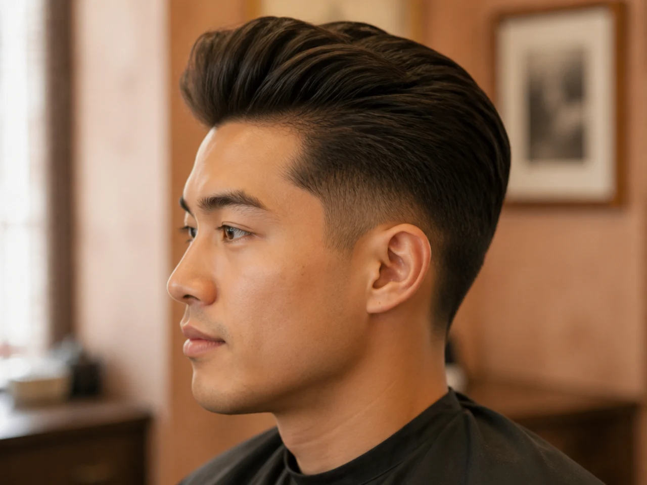 Tapered pomp old money haircut with three-inch top, low taper sides, natural front lift