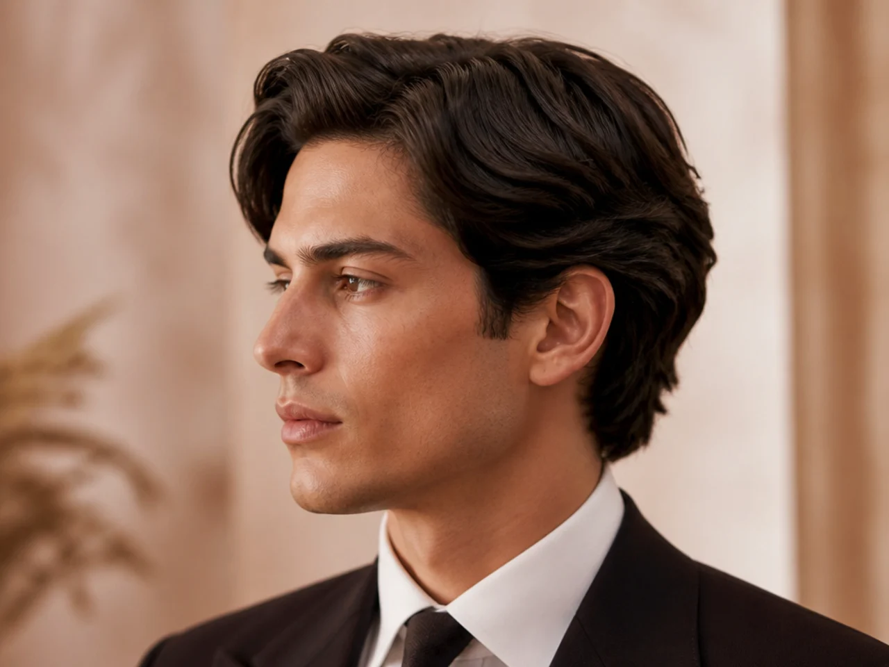 Aristocrat's cut old money haircut with four-inch top, tucked-back sides, scissor taper, matte finish