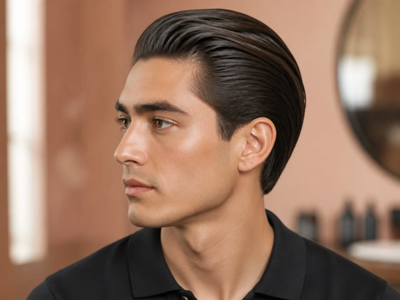 Understated slick back old money haircut with four-inch top, matte finish, scissor-tapered sides