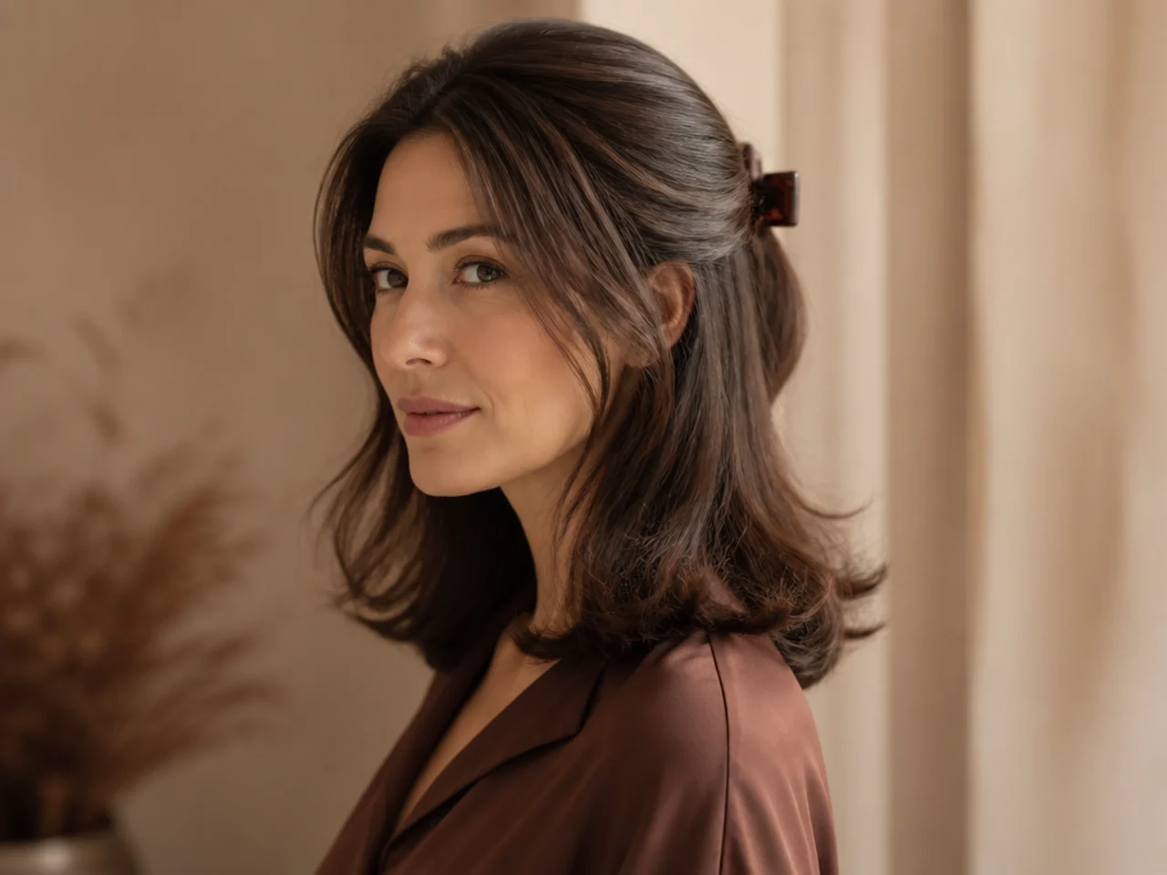 Half-up hair with a plain barrette