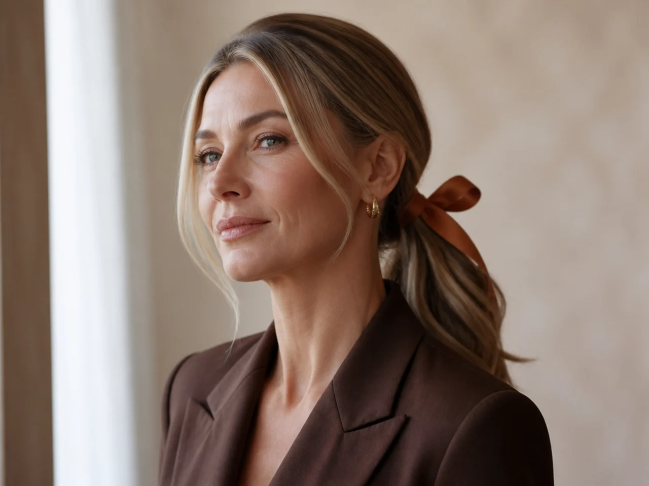 A low ponytail tied with a ribbon