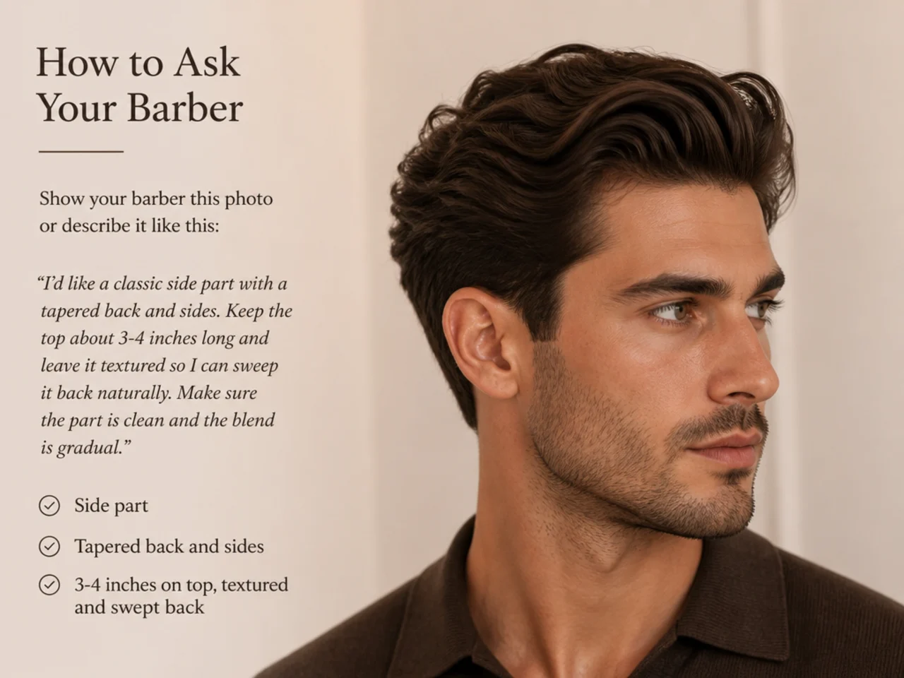 Barber and client at the barbershop chair discussing an old money mens haircut with reference photo on phone