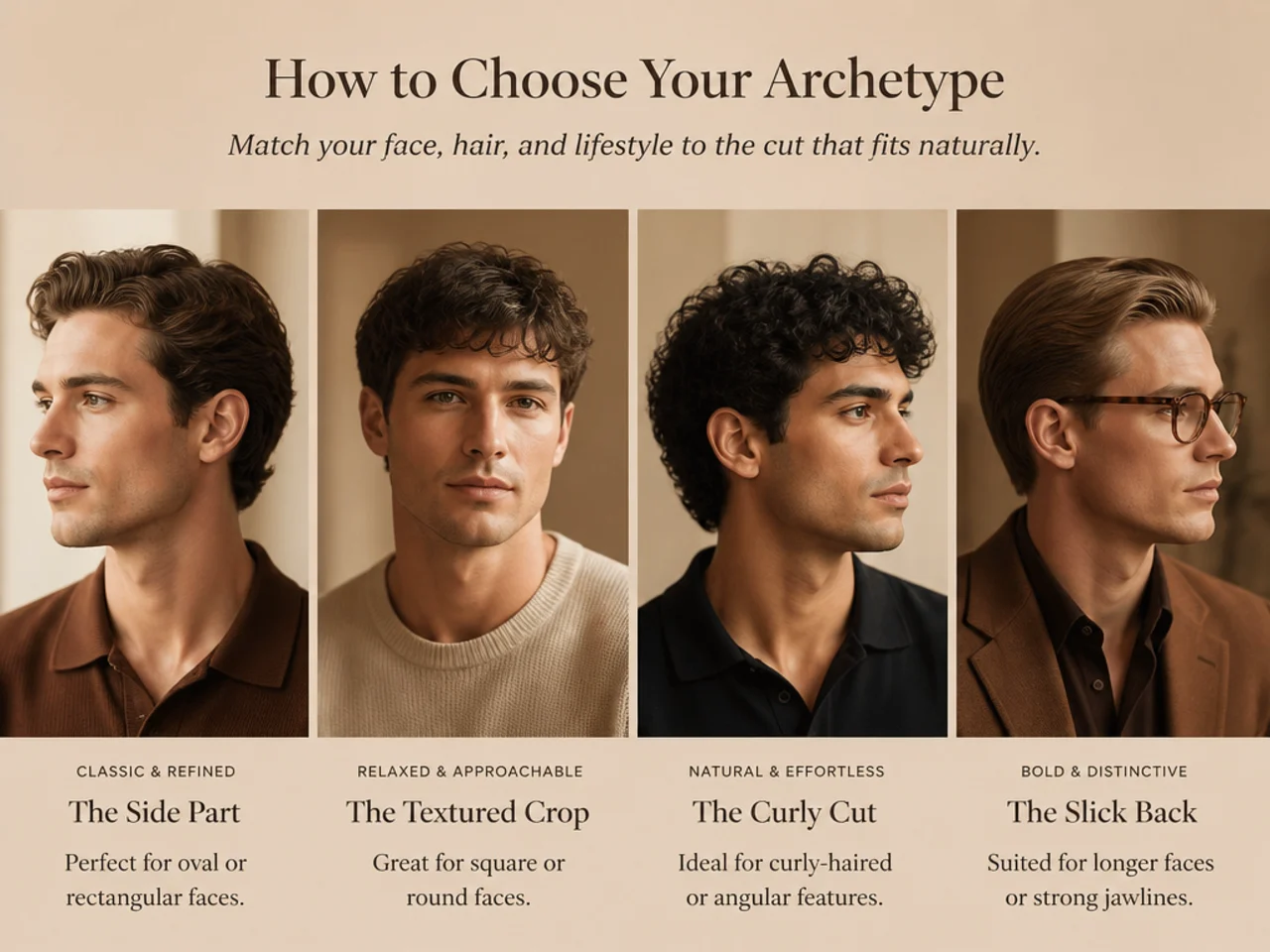 Barbershop reference sheet with face shape diagrams and archetype cards for old money mens haircut selection