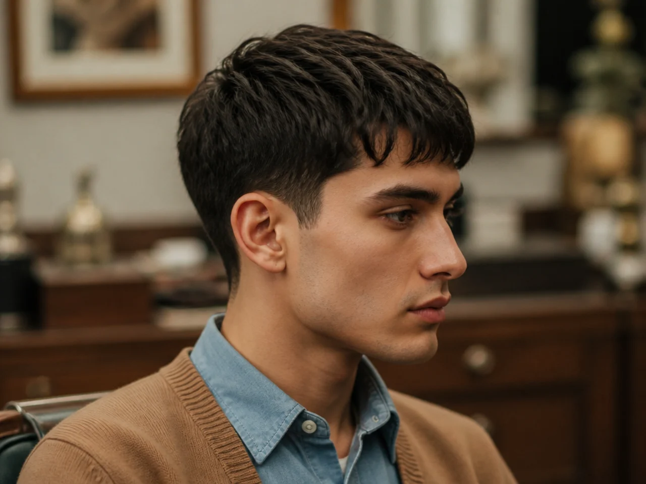 Antiques dealer old money mens haircut with tailored 2-inch crop and forward fringe, scissor-tapered sides, soft neckline, man in fine chambray shirt and camel cardigan