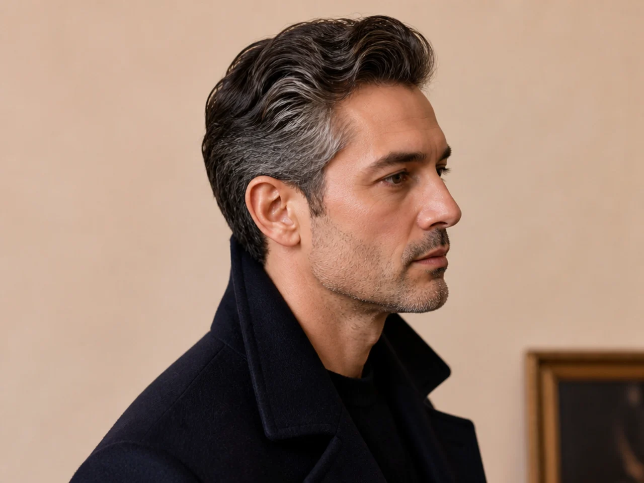 Art curator old money mens haircut with executive scissor contour, salt-and-pepper temples, 3-inch top, matte finish, man in navy wool overcoat