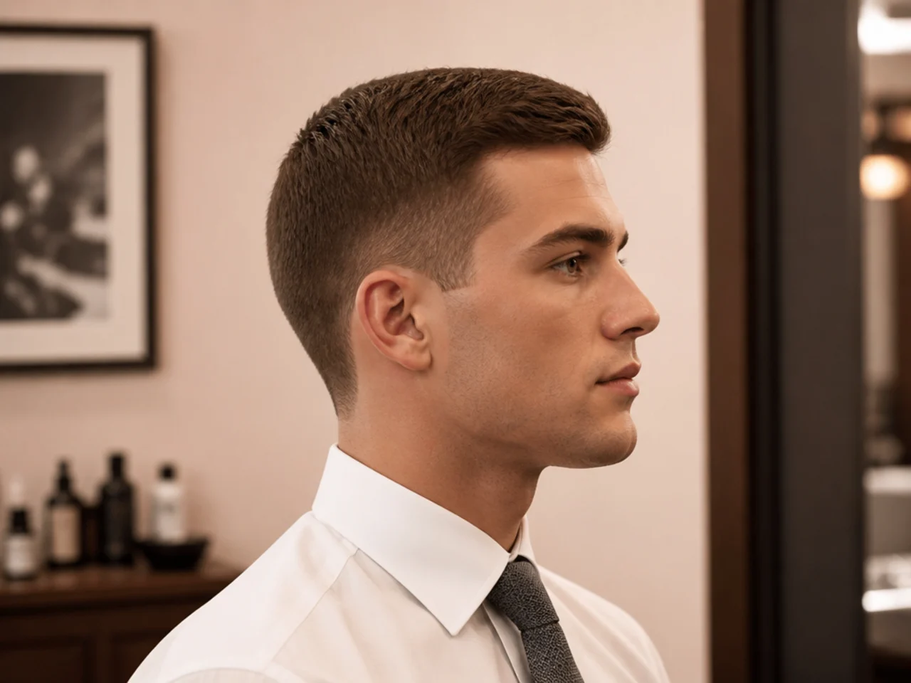 Auction house specialist old money mens haircut with precision crew, 1.5-inch top, razor-squared neckline, scissor-tapered sides, man in white shirt and grey tie