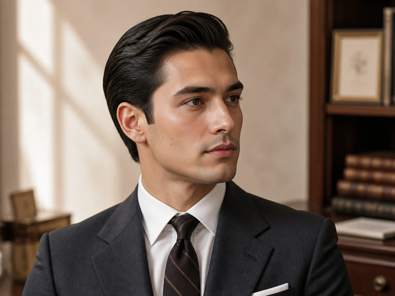 Banker's son old money mens haircut with 3.5-inch top slicked back with matte clay, scissor-tapered sides, young man in slate merino crewneck