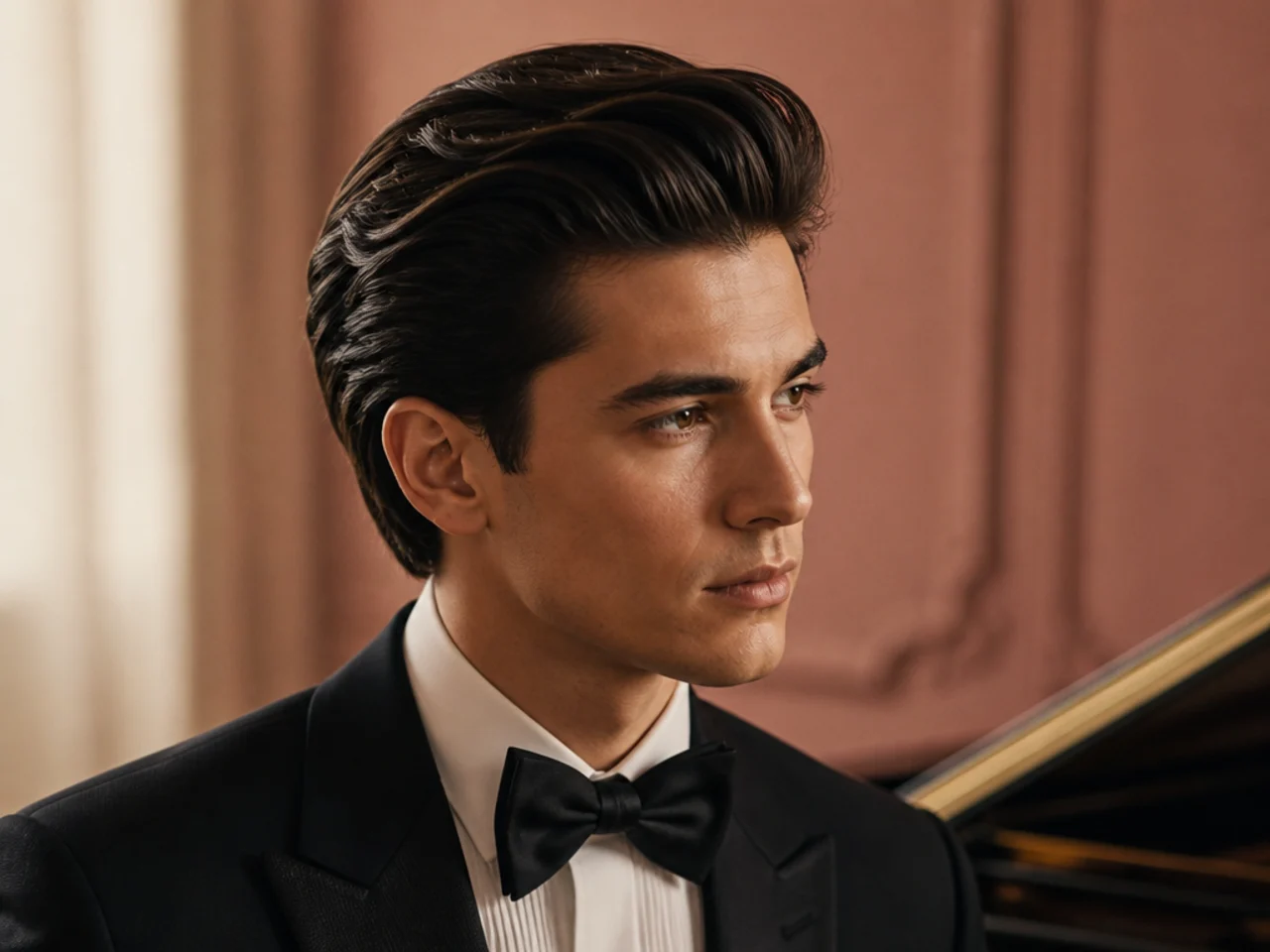 Concert pianist old money mens haircut with long 4.5-inch top swept straight back, scissor-tapered sides, matte pomade, man in black grosgrain-lapel tuxedo
