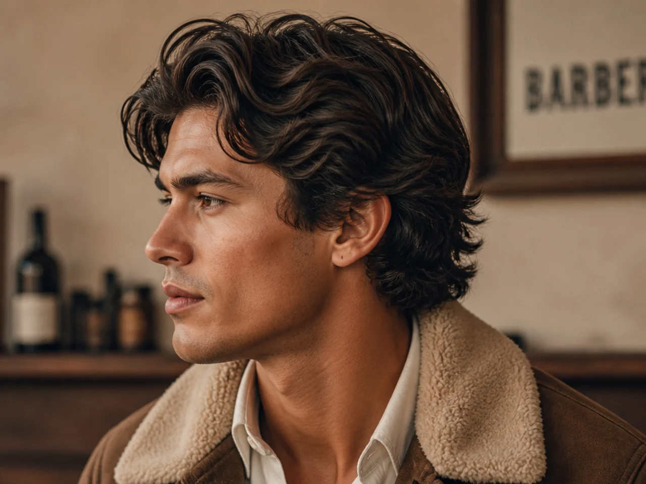 Cowboy heir old money mens haircut with textured 4-inch top and light natural curve, longer scissor sides, no fade, man in oatmeal shearling collar