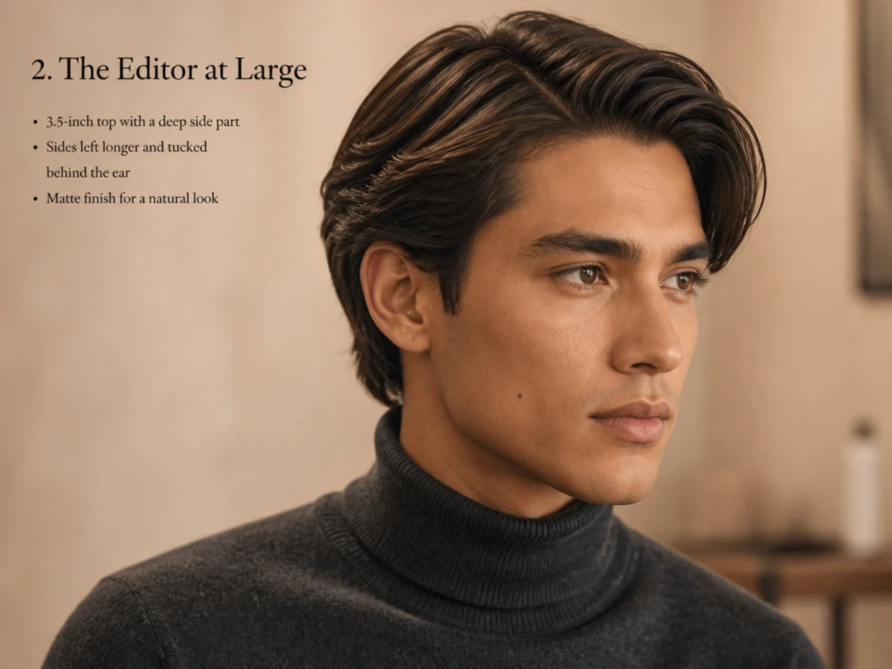 Editor at large old money mens haircut with 3.5-inch top, deep side part, longer sides tucked behind ear, matte finish, man in charcoal turtleneck