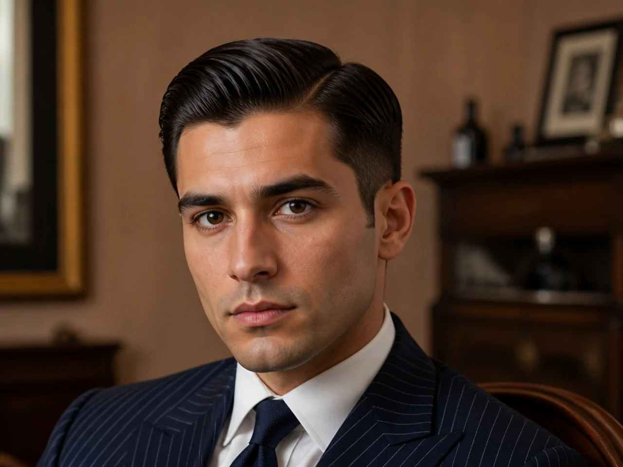 Family-office principal old money mens haircut with banker cut, hard part, 3-inch top, scissor-blended sides, matte pomade, man in navy pinstripe suit