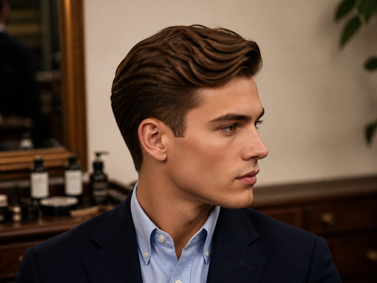 Heir apparent old money mens haircut with 2.5-inch top, shallow natural side part, scissor-tapered sides, matte finish, young man in navy blazer