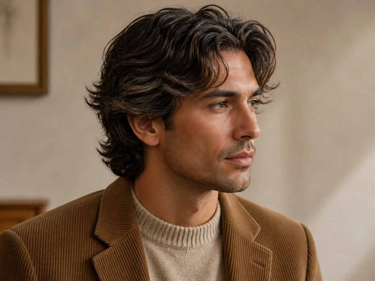 Novelist in residence old money mens haircut with textured 4-inch mid-length top and gray streaks, longer scissor sides, matte cream, man in oatmeal cashmere sweater and camel corduroy blazer