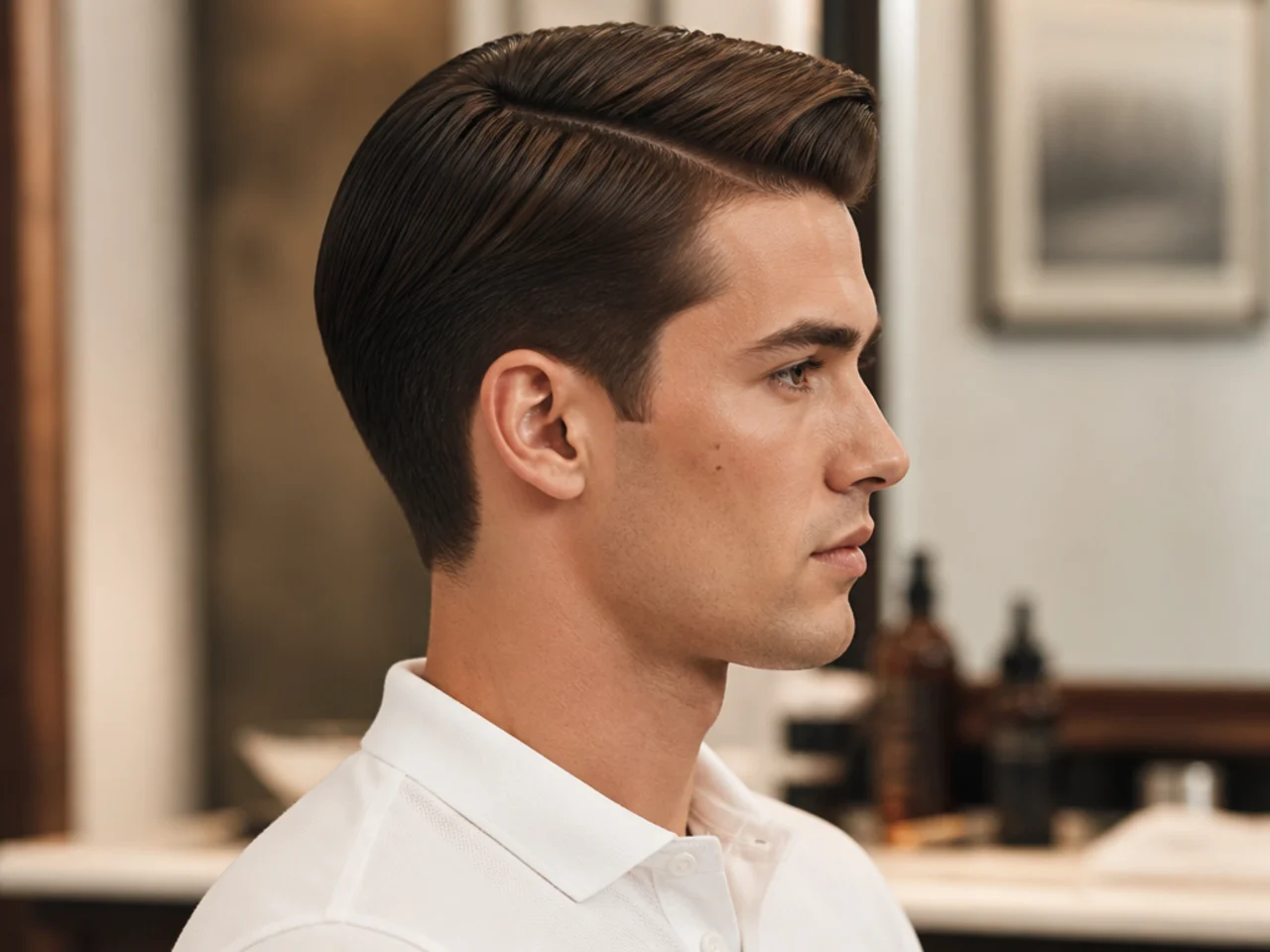Polo player old money mens haircut with sculpted comb-over and helmet-friendly shape, 4-inch top combed across defined part, matte pomade, man in white cotton polo