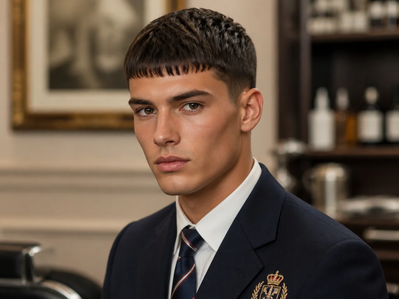 Prep-school captain old money mens haircut with sharp caesar, blunt fringe half inch above brow, scissor-tapered sides, matte finish, young man in navy crest blazer