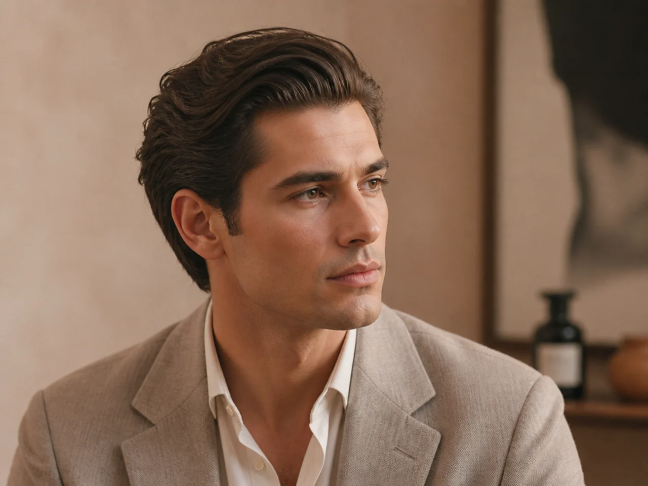 Quiet-luxury designer old money mens haircut with understated 4-inch matte slick back, scissor-tapered sides, man in unstructured taupe blazer