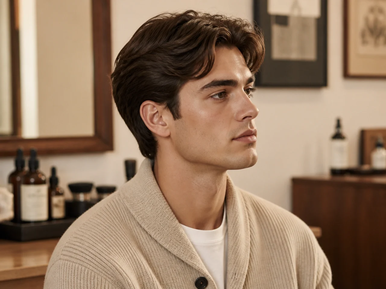 Rhodes scholar old money mens haircut with refined 4-inch mid-length top and soft natural fall, longer scissor sides, matte cream finish, young man in fine-gauge oatmeal cardigan