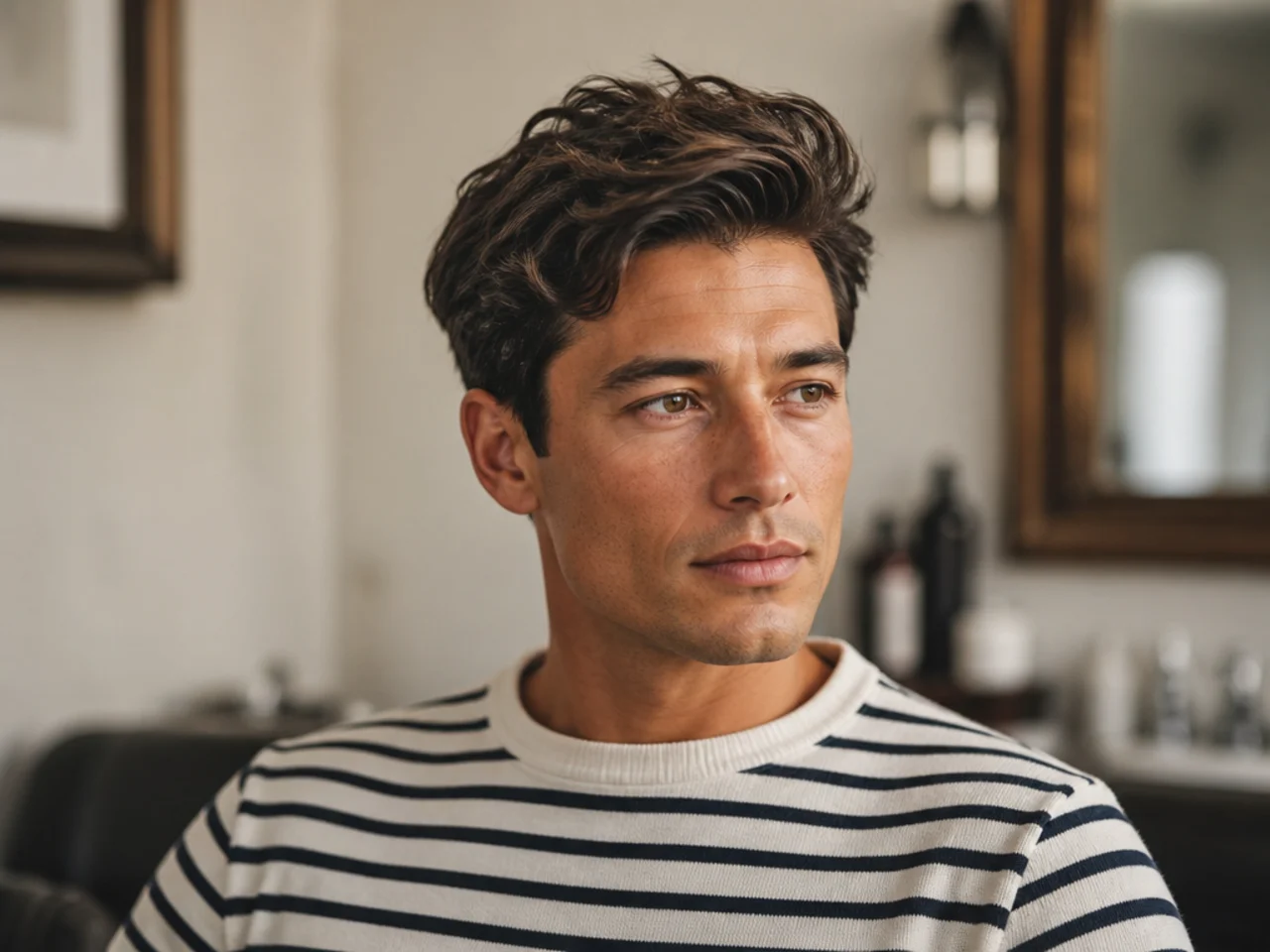 Sailor old money mens haircut with windblown 3-inch top swept to one side, natural side break, scissor-tapered sides, salt-spray finish, man in Breton stripe crewneck