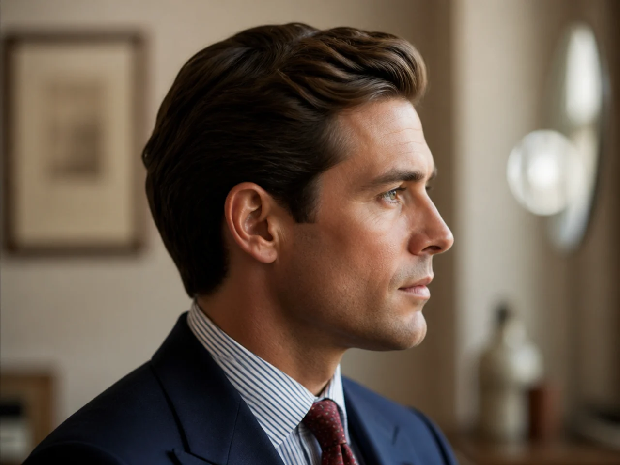 Senator's son old money mens haircut with hard side part, 3-inch top combed across, scissor-blended tight sides, squared neckline, man in navy pinstripe suit