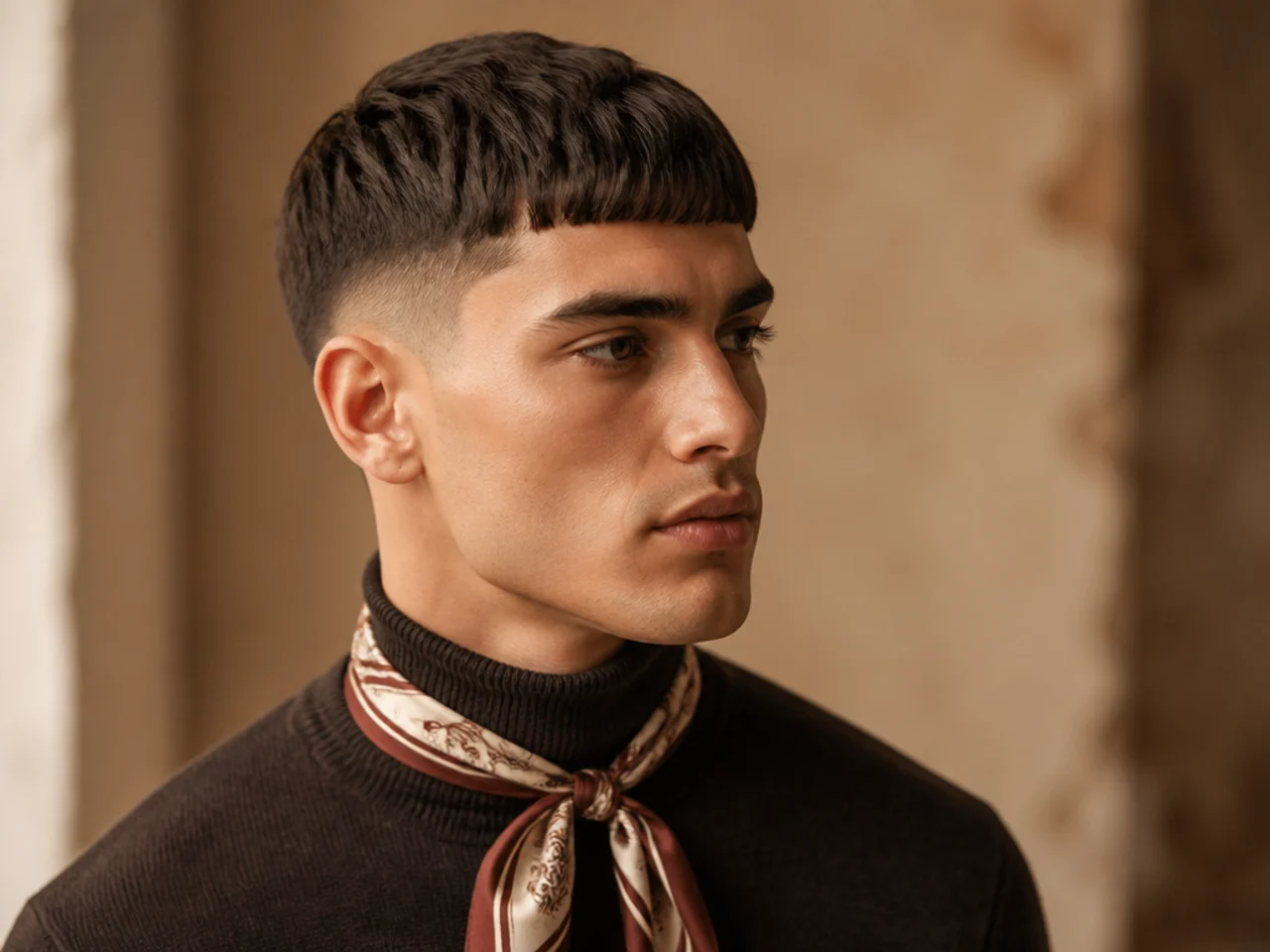 Ski-lodge trustee old money mens haircut with refined French crop, blunt fringe, low fade sides, silk scarf, man in fine merino roll-neck