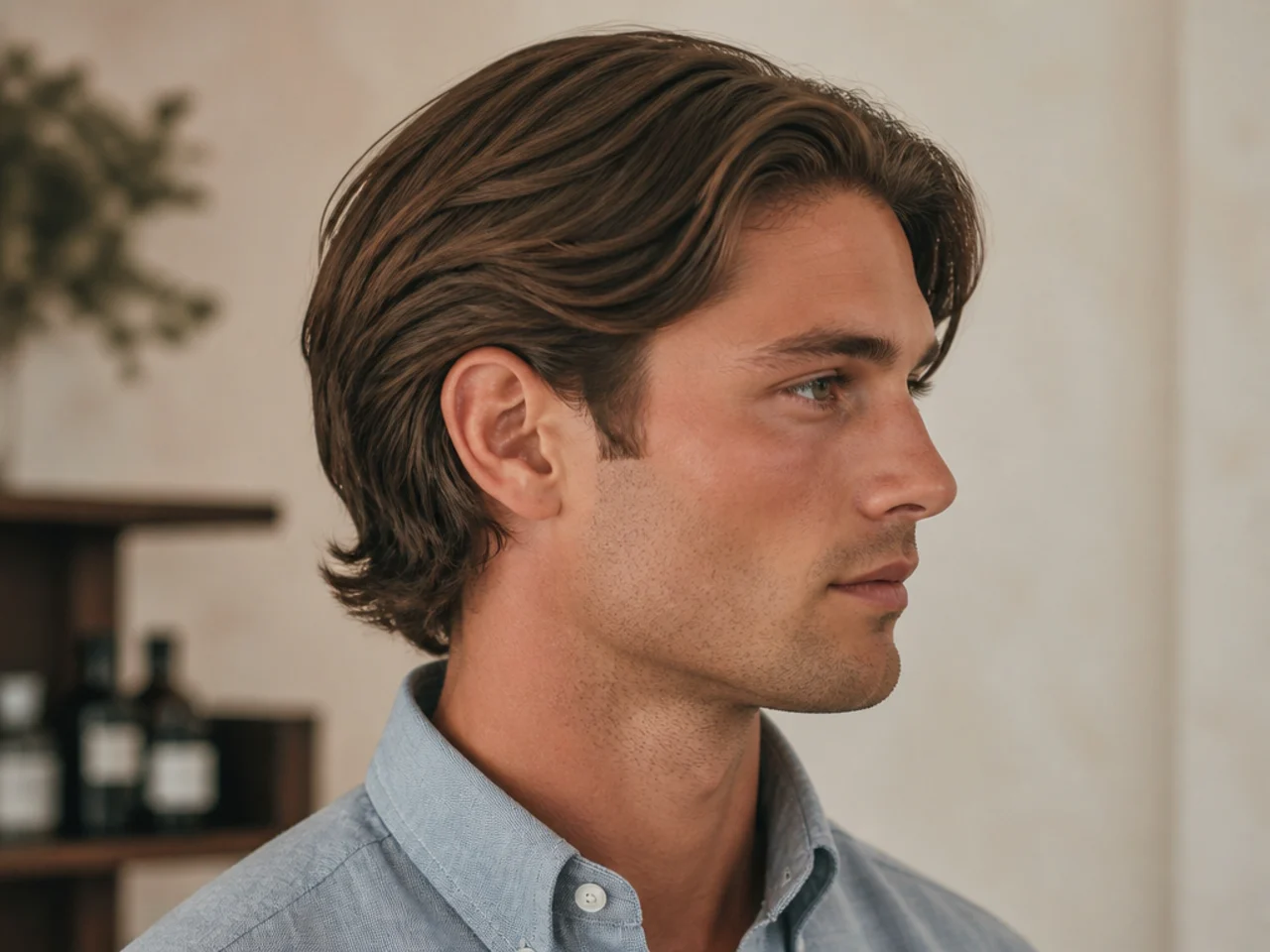Vineyard heir old money mens haircut with 4-inch top tucked behind ear, soft natural side part, longer scissor sides, matte cream, man in stone chambray shirt