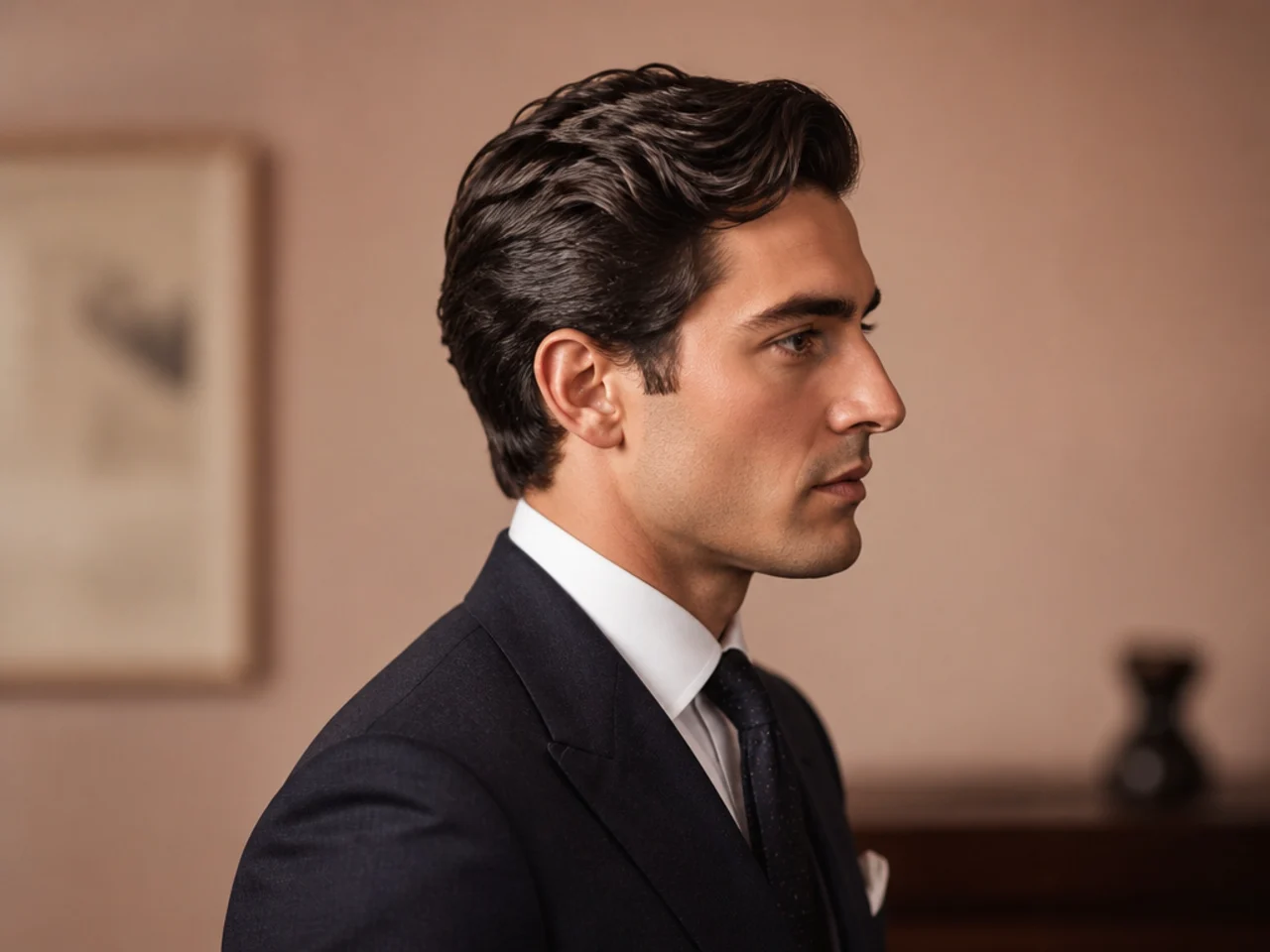 Editorial three-quarter portrait of a man with a polished old money mens haircut, matte side part, scissor-blended taper, oatmeal cashmere sweater