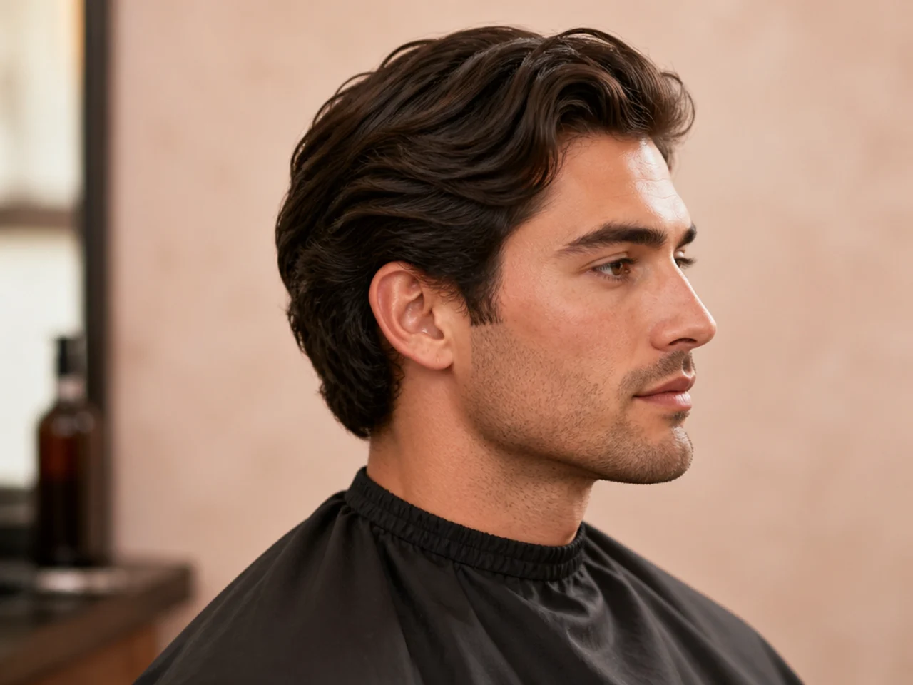 Editorial final three-quarter portrait of a man with a tailored old money style side part haircut, matte finish, salt-and-pepper hair, wearing an oatmeal cashmere sweater under a camel overcoat