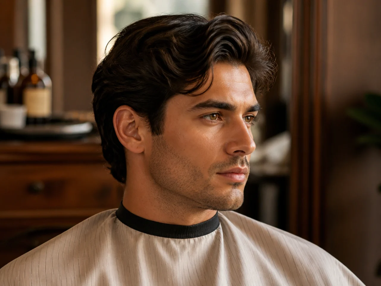 Barber and client at a barbershop chair discussing an old money style haircut with a black-and-white icon reference photo