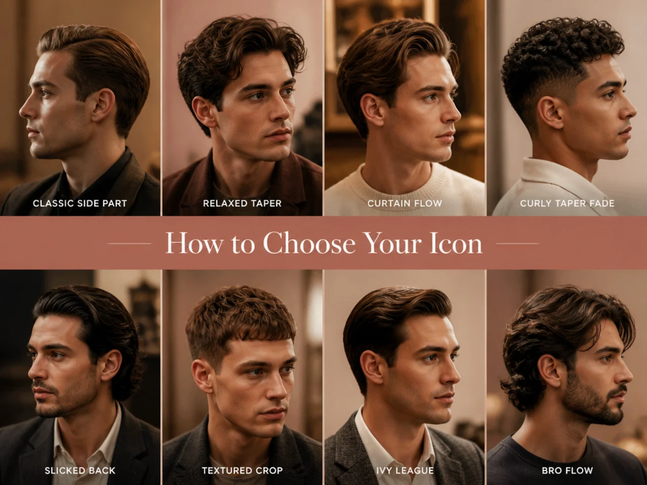 Barbershop reference sheet with black-and-white photographs of style icons and hair-type and face-shape diagrams