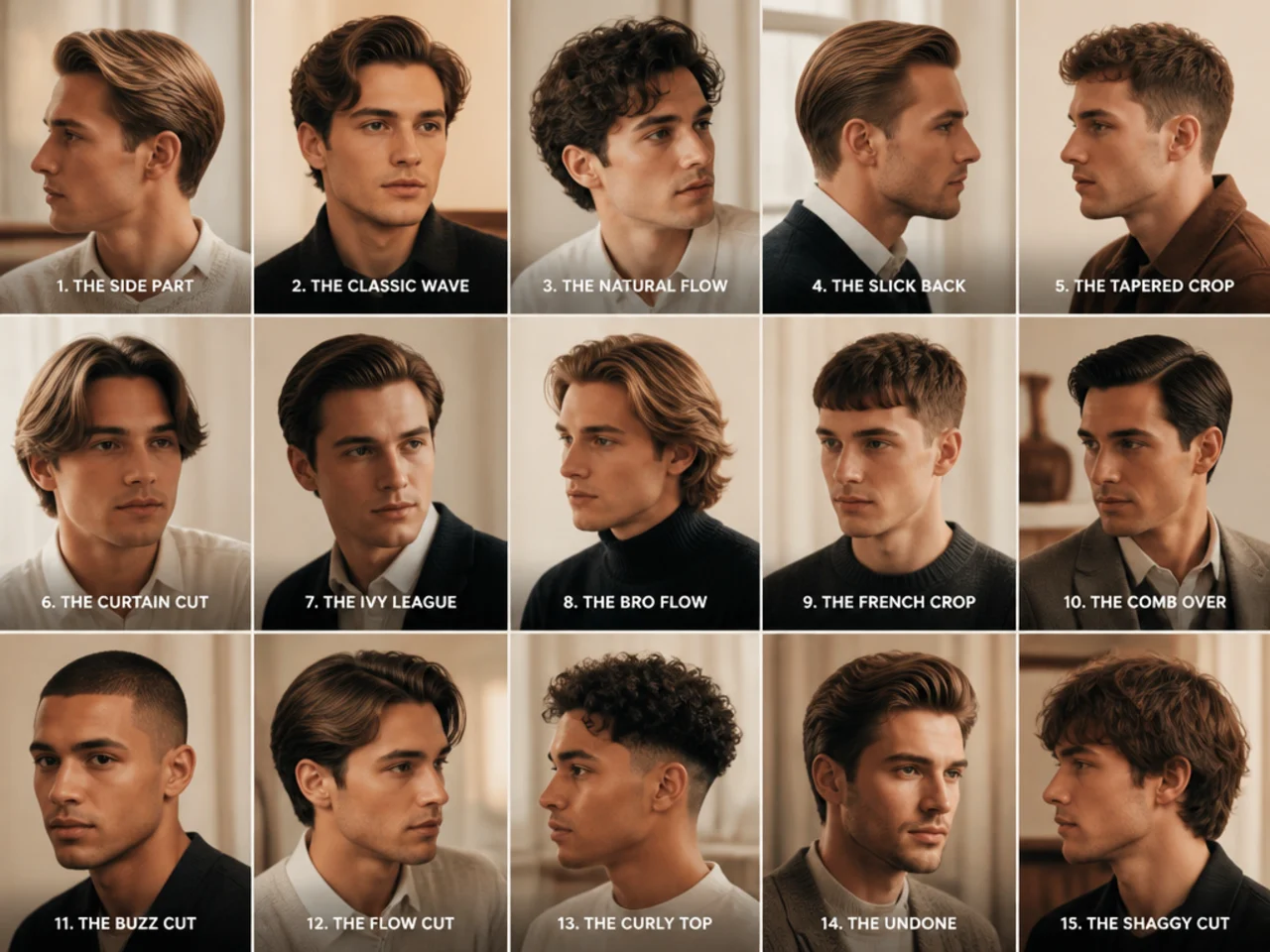 Editorial grid of fifteen old money style haircut references from Gatsby to Prince William