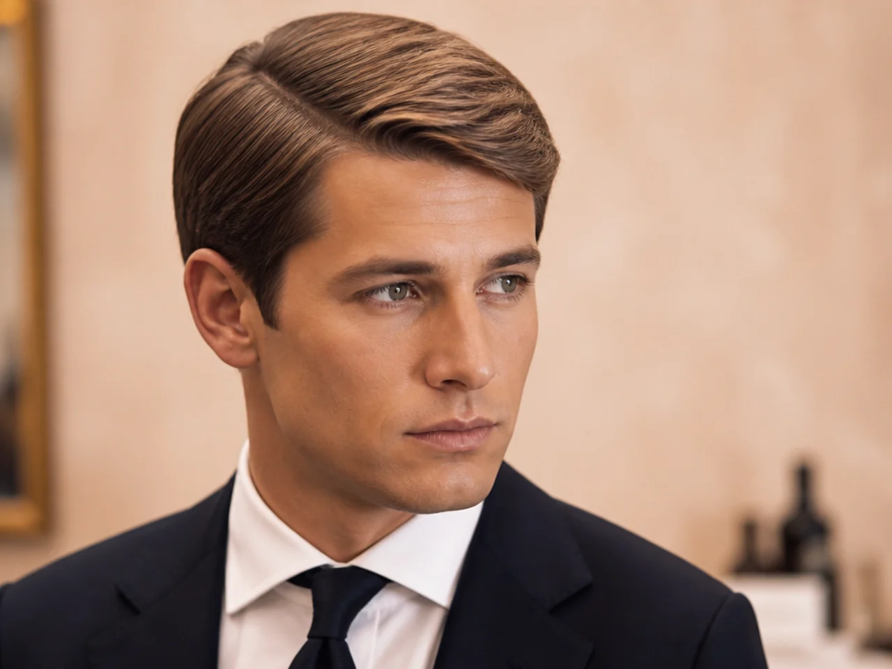 Bobby Kennedy preppy old money style haircut with tousled longer Ivy top, forward fringe, scissor-blended sides