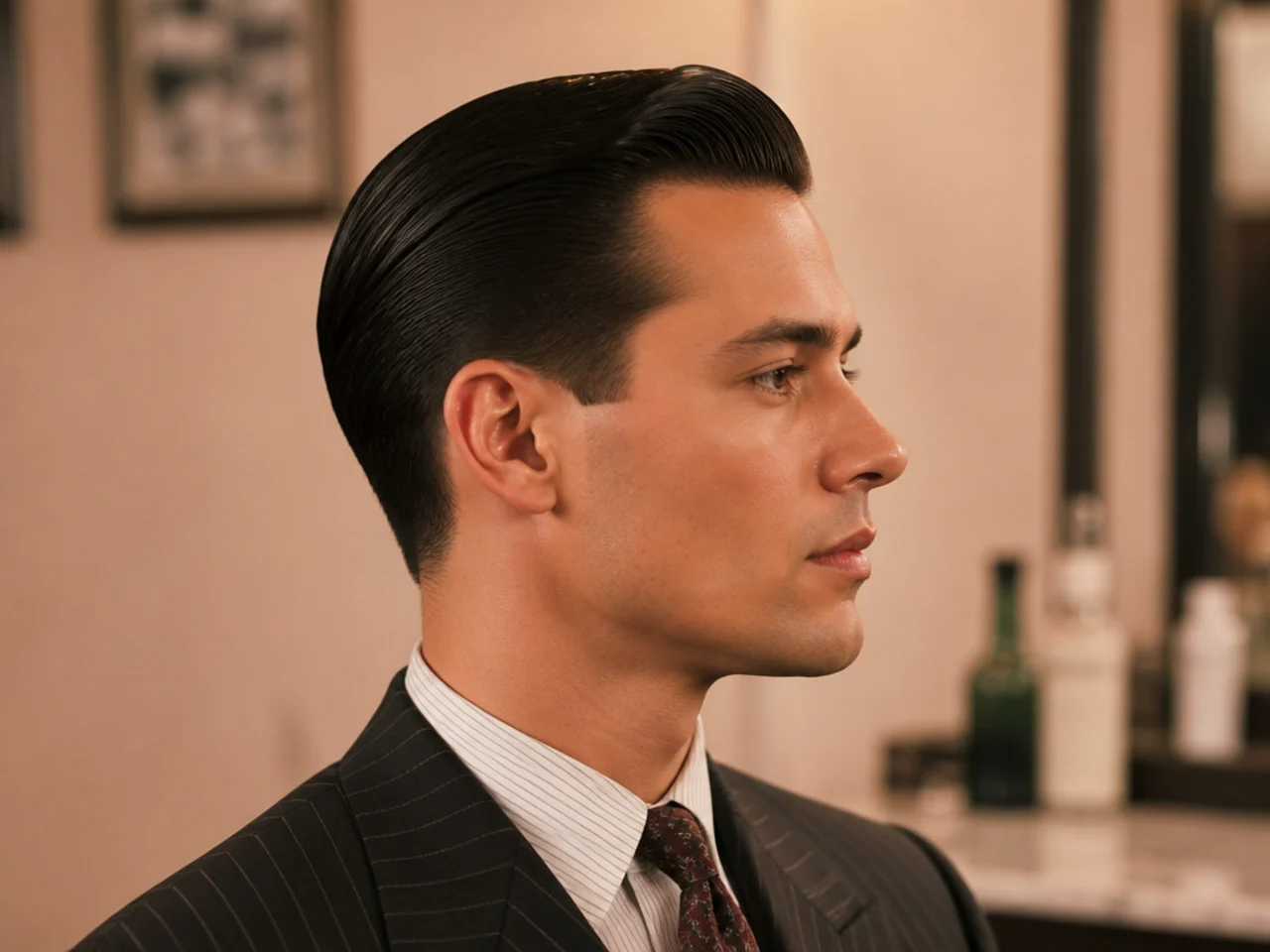 Fred Astaire polish old money style haircut with slicked back top, light pomade, defined part, three-inch top