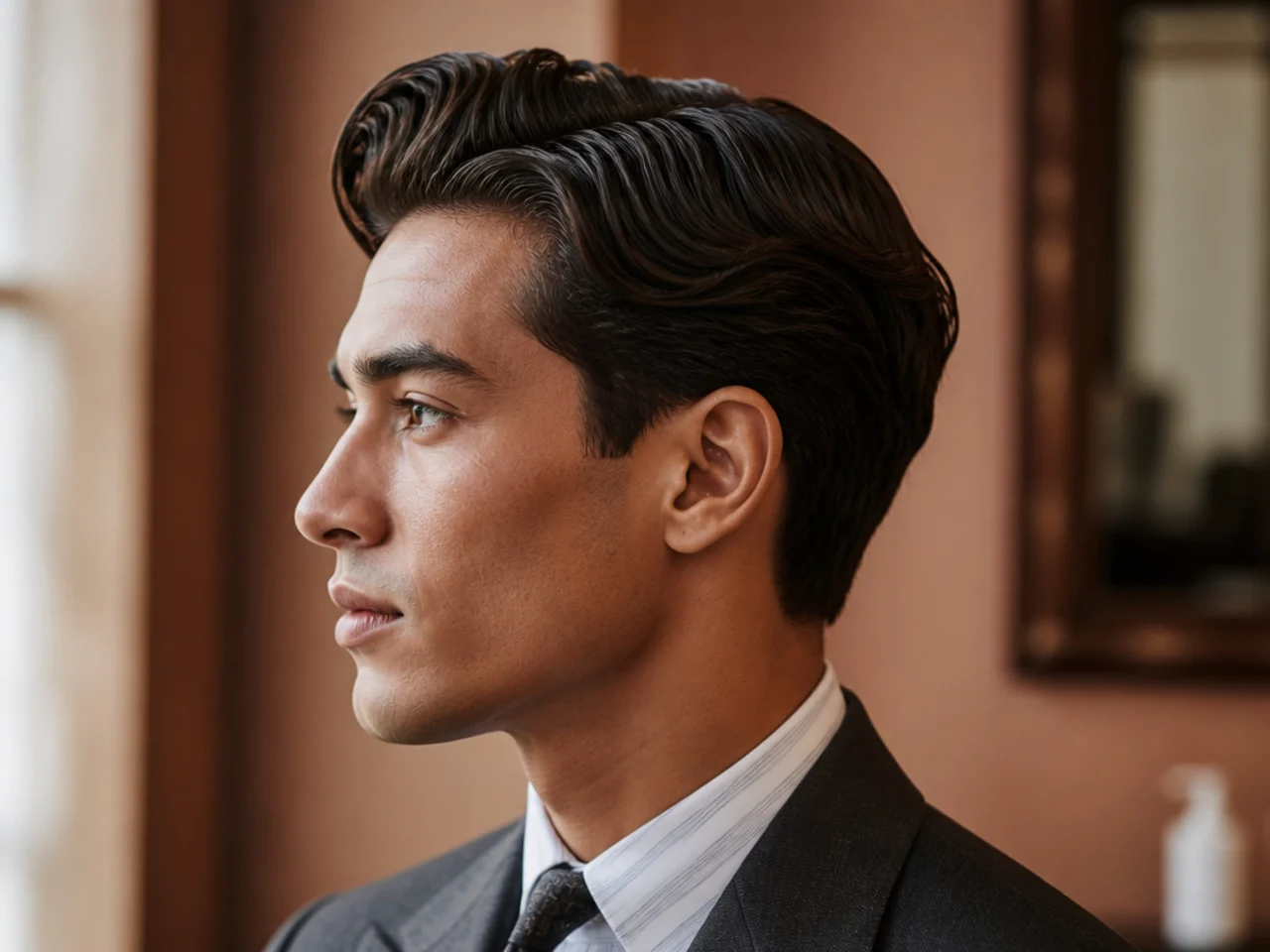 Gatsby sweep old money style haircut with 1920s finger wave, deep low side part, low-shine pomade, three-inch top