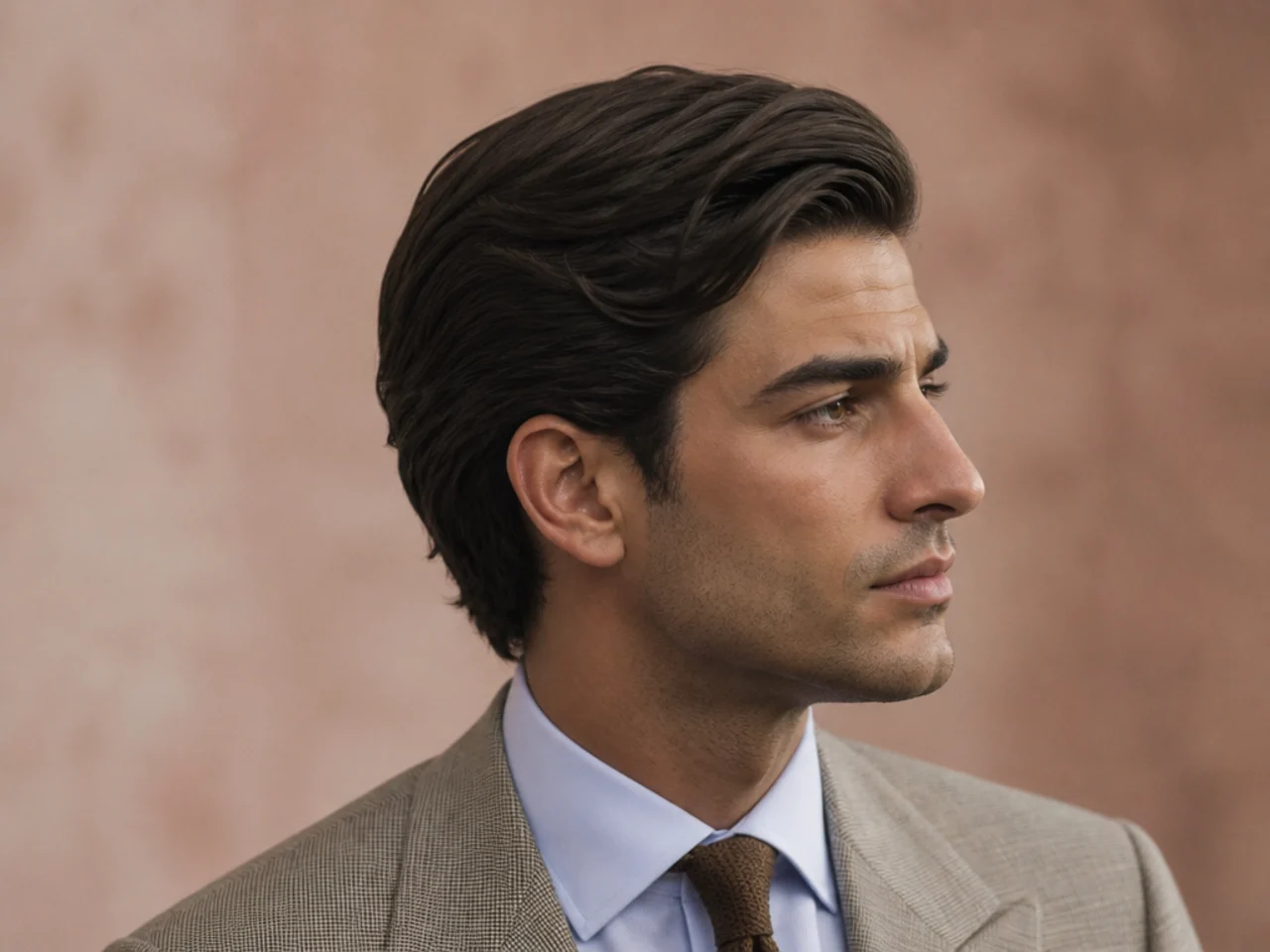 Gianni Agnelli sprezzatura old money style haircut with European swept-back top, longer sides, matte finish, four-inch top