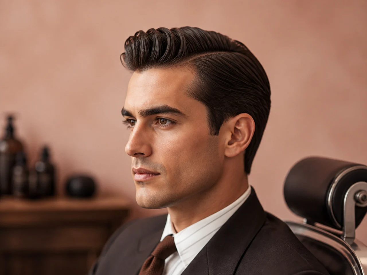 Gregory Peck executive old money style haircut with deep boardroom part, three-and-a-half-inch top, scissor-blended sides