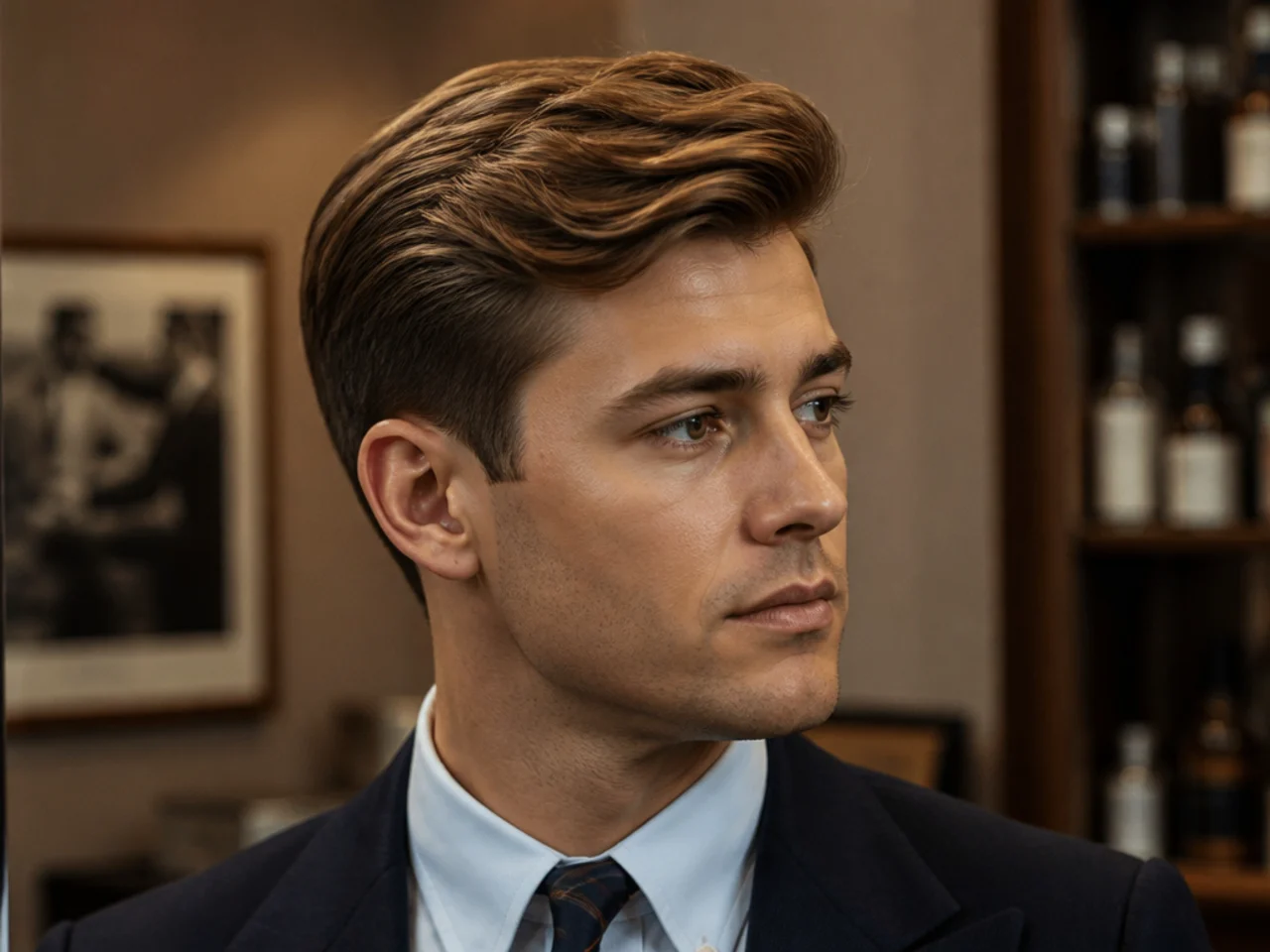 JFK sweep old money style haircut with deep natural part, tousled front, three-inch top, scissor sides