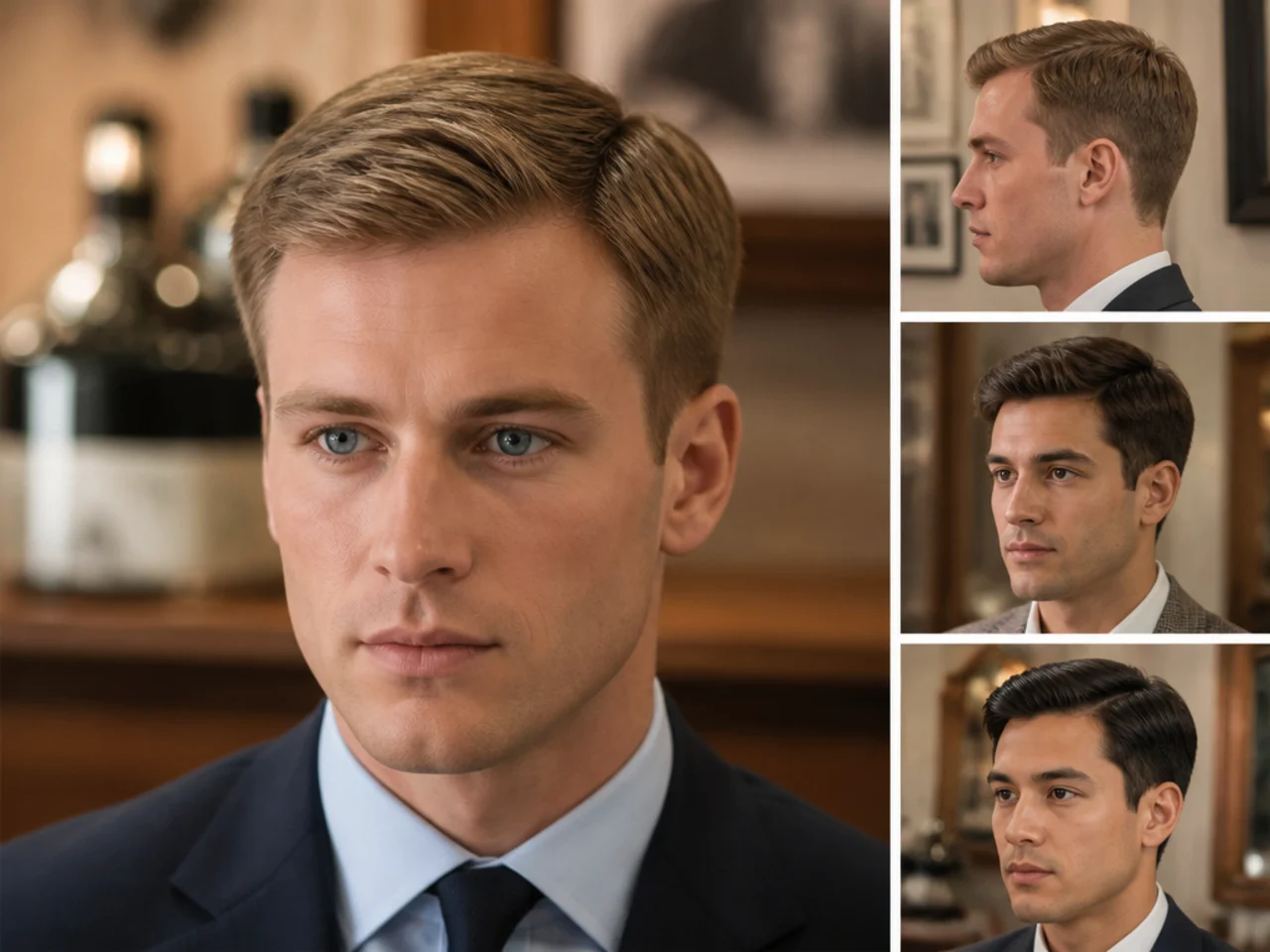 Prince William modern tailored old money style haircut with short top, scissor-blended sides, natural side part, tight matte finish